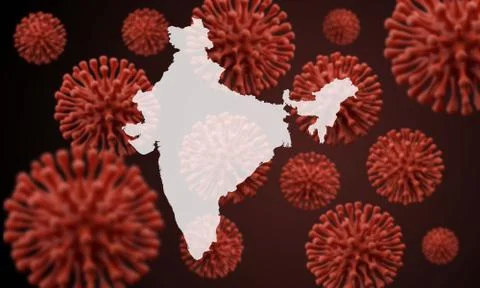 India map over a scientific virus microbe background. 3D Rendering Ilustração Stock