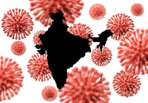 India map over a scientific virus microbe background. 3D Rendering Ilustração Stock