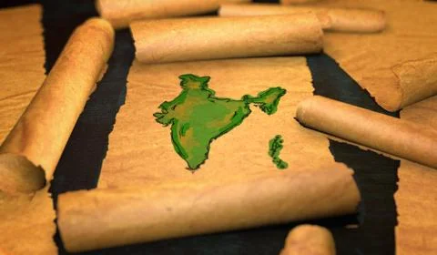 India Map Painting Unfolding Old Paper Scroll 3D 스톡 일러스트