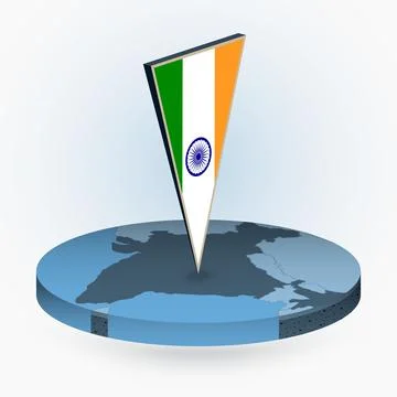 India map in round isometric style with triangular 3D flag of India Stock Illustration