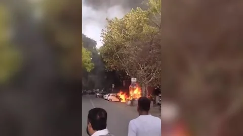 India: Massive transformer explosion engulfs vehicles Stock Footage 280531689