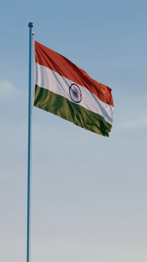 India, New Delhi: Cinematic Vertical Waving National Flag Against Blue Sky Stock Footage 321931953
