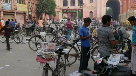 India newspapers sorting delivery bicycles transportation journalism Video stock 48766088