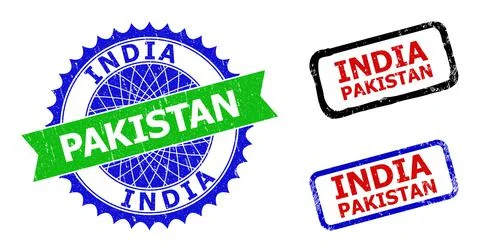 INDIA PAKISTAN Rosette and Rectangle Bicolor Stamp Seals with Distress Styles Stock Illustration