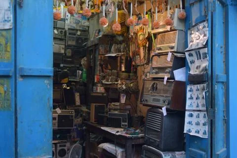 In India a radio mechanic store. Stock Photos
