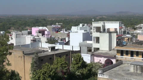 India Rajasthan Deogarh rooftops and surrounding landscape  Stock Footage 24454335