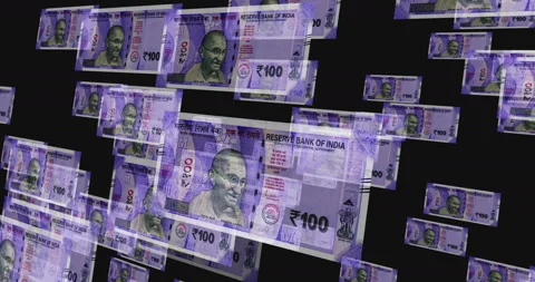 India Rupee 100 banknote – flying between transparent money Stock Footage 218200084