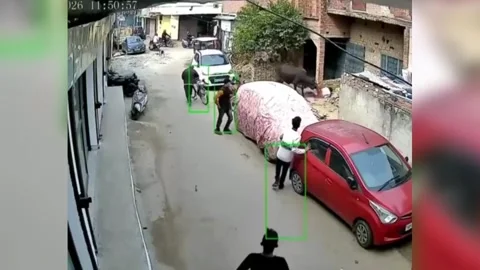 India: Seconds of horror as bull knocks down young girl in cramped lane b... Stock Footage 328156120
