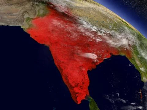 India from space highlighted in red 스톡 일러스트