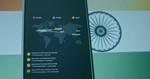 India as target of cyber attacks, live map and Flag of India on background Video stock 310845455