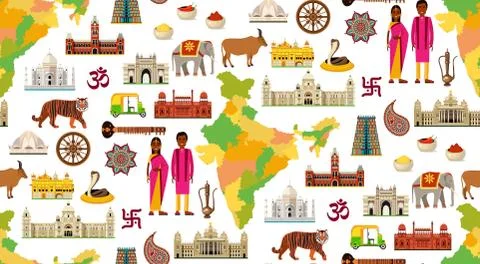 India Travel Map with Sightseeing Places. Stock Illustration