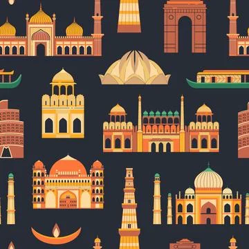 India Travel Pattern with Landmarks and Monuments Stock Illustration