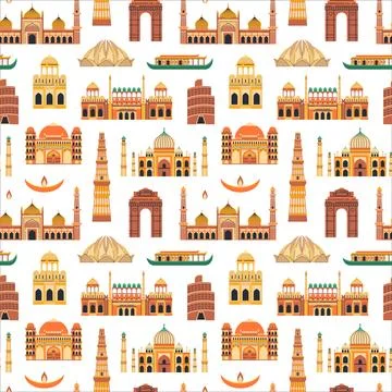 India Travel Pattern with Landmarks and Monuments Stock Illustration