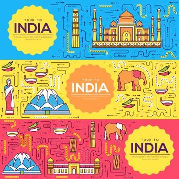 India vector brochure cards thin line set. Country travel template of flyear Stock Illustration