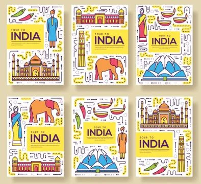 India vector brochure cards thin line set. Country travel template of flyear Stock Illustration