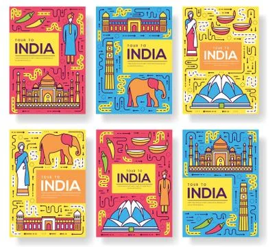 India vector brochure cards thin line set. Country travel template of flyear Stock Illustration