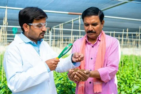 Indian agro scientist checking soil from famer hand at greenhouse using Foto stock