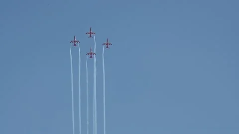 Indian Air Force aerobatic display team 'Surya Kiran' flying in formation Stock Footage 233075885