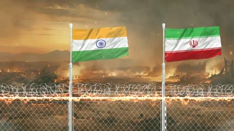 Indian and Iranian flags flying side by side over a battlefield with burnin.. Vídeos de archivo 341618440