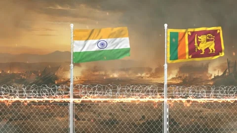 Indian and Sri Lankan flags waving in breeze against war torn landscape wit.. Vídeos de archivo 341618449