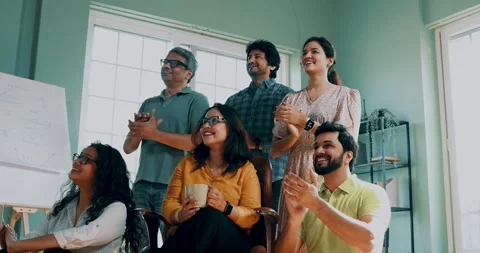 Indian Asian startup team clapping, looking up, celebrating success Stock Footage 342500632