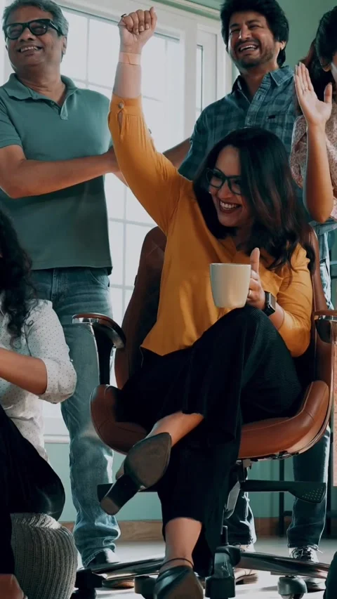 Indian Asian startup team clapping, looking up, celebrating success Stock Footage 342507315