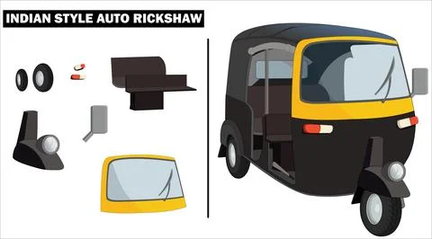 Indian Auto Rikshaw Vector Illustration, tuk tuk drawing, CNG auto rikshaw,India Stock Illustration