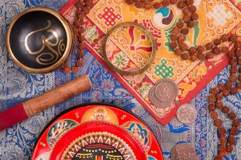 Indian background with various ritual objects Stock Photos