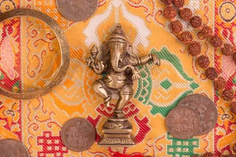 Indian background with various ritual objects Stock Photos