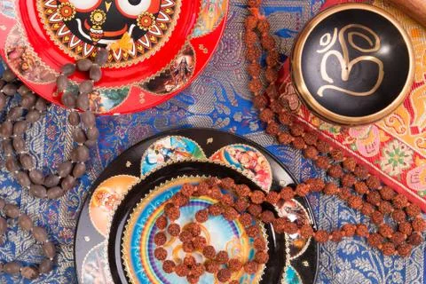 Indian background with various ritual objects Stock Photos