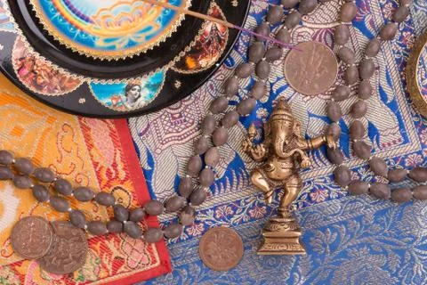 Indian background with various ritual objects Stock Photos