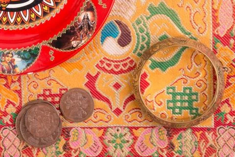 Indian background with various ritual objects Stock Photos