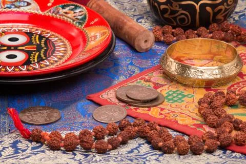 Indian background with various ritual objects Stock Photos