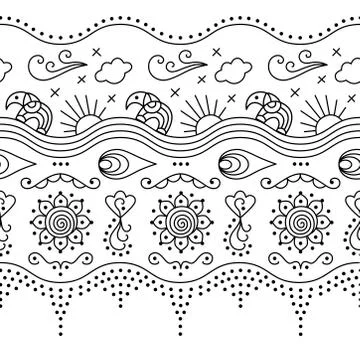 Indian black and white pattern with elephants Stock Illustration