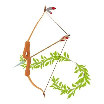 Indian bow icon isometric vector. Wooden hunting bow with arrow and green branch 스톡 일러스트