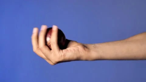 Indian bowler holding a red cricket duce ball dropping from the air - sports ... Stock Footage 149023853