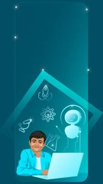 Indian boy with AI tutor. Vertical Stock Illustration