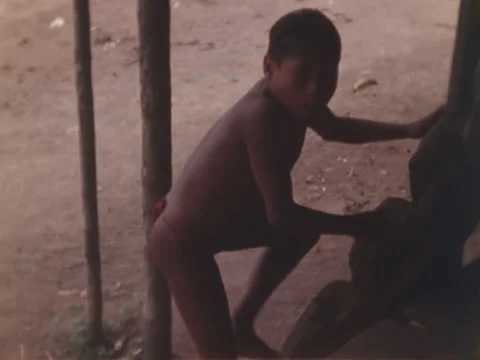 Indian boy climbs log steps to enter Indian home. Stock Footage 147901568