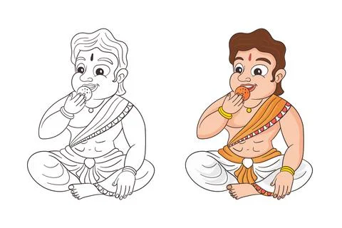 Indian Boy Eating Laddu Sweet Cartoon Illustration - Coloring Book Page and.. Stock Illustration