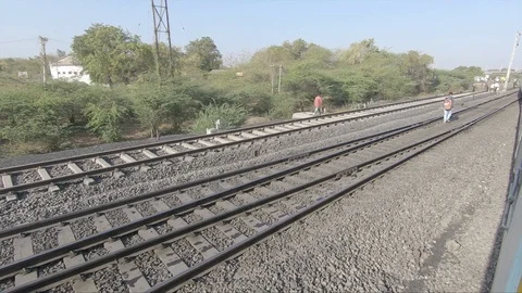 Indian boy walking on Train tracks stock video 4K  Vidéo 105168686
