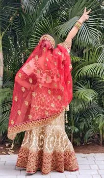 Indian bride posing with swag from the back side in red and gold lehenga Stock Photos