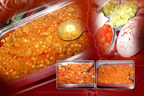 Indian Buffet Spread with Chickpea Curry, Fresh Salads, and Desserts Stock Illustration