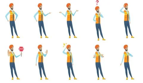 Indian builder vector illustrations set. Stock Illustration