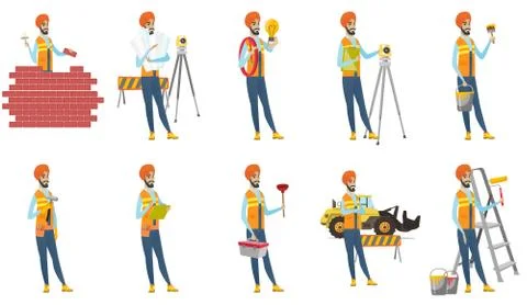Indian builder vector illustrations set. Stock Illustration