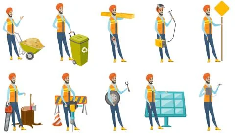 Indian builder vector illustrations set. Stock Illustration