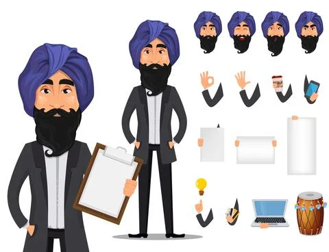 Indian business man cartoon character creation set Stock Illustration