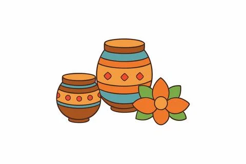 Indian-ceramic-pots-with-drum-and-lotus-flowers Stock Illustration