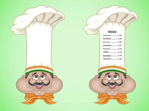 Indian chef and menu on hat with food of India Stock Illustration