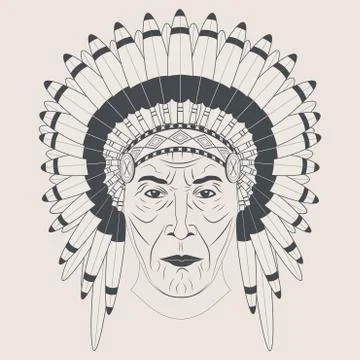 Indian chief in a feathered hat. Front view Stock Illustration