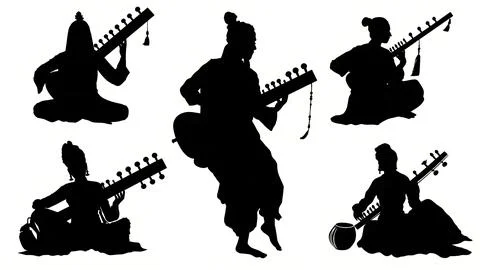 Indian Classical Musicians with Sitar and Tabla Silhouettes Stock Illustration
